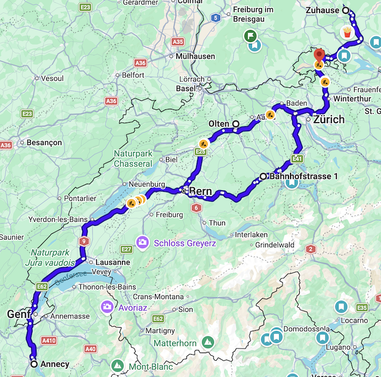 Gefahrene Strecke Mühlheim nach Annecy