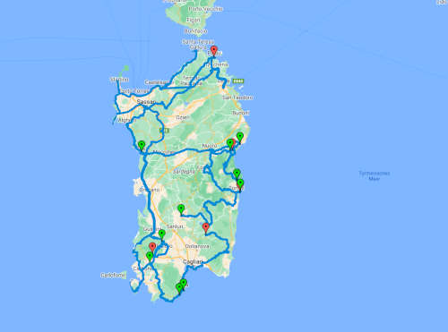 Landkarte Sardinien gefahrene Wohnmobilstrecke